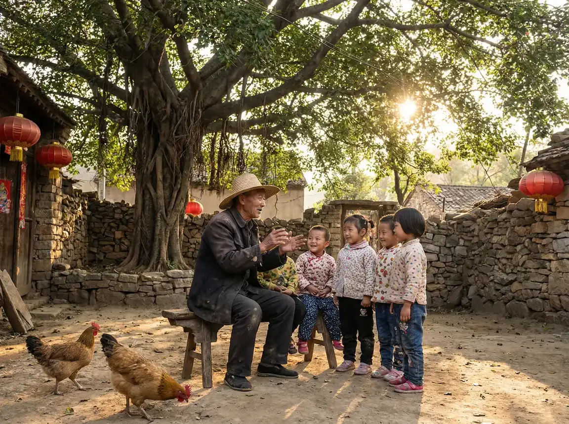 老人在大榕树下给孩子们讲故事 - 欲奴第一季 乡村记忆